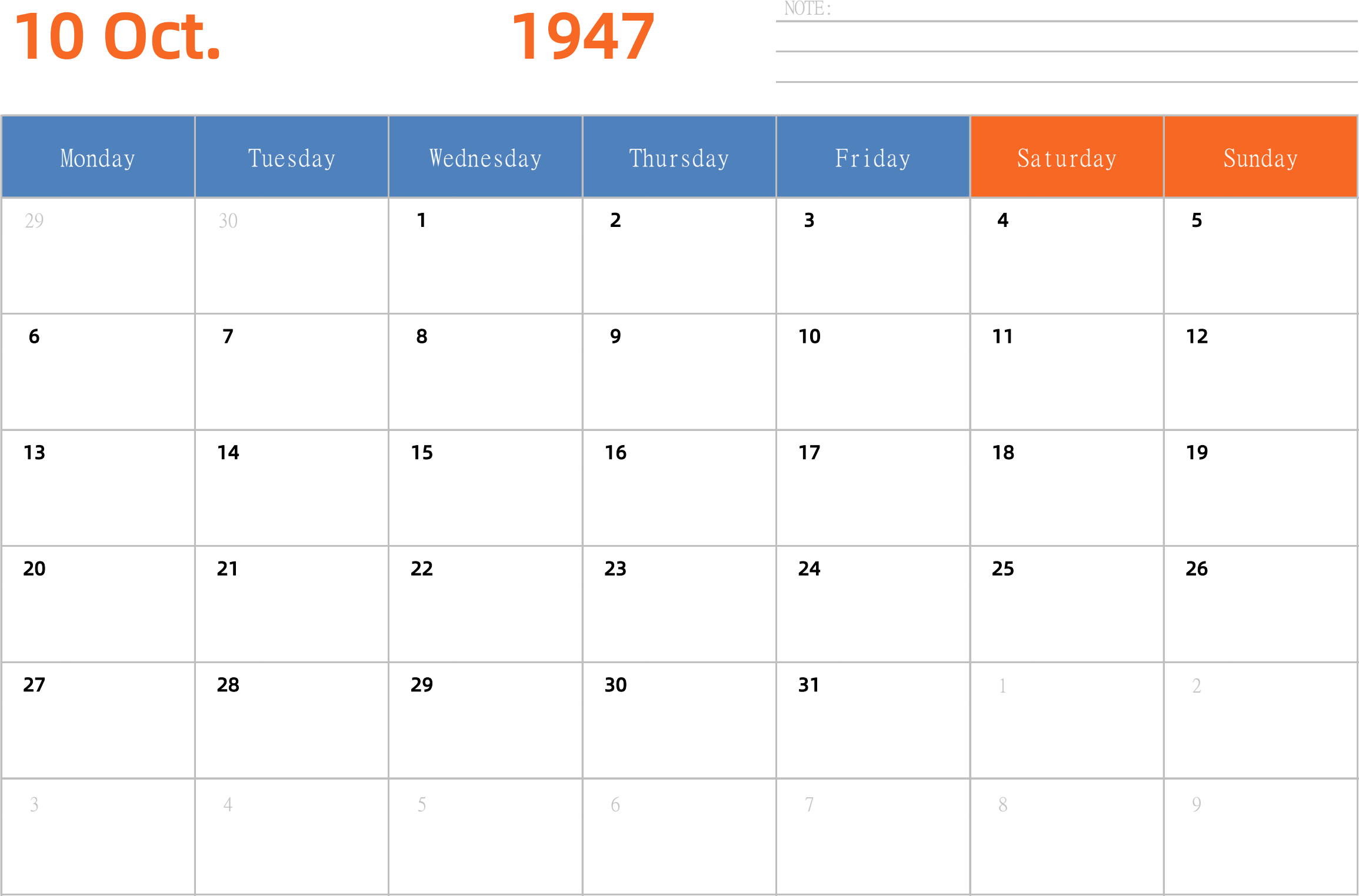 日历表1947年日历 英文版 横向排版 周一开始